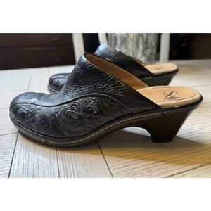 Sofft Mules Black Embossed 2.5" Heels Slip On Slides Women's Sz 9 M Shoes Boho